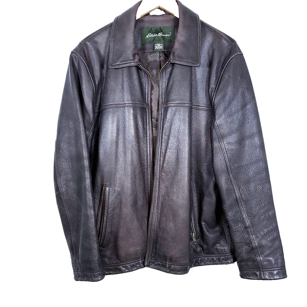 Eddie Bauer Leather Jacket Men's Large Brown Collared Zip Pockets EUC!